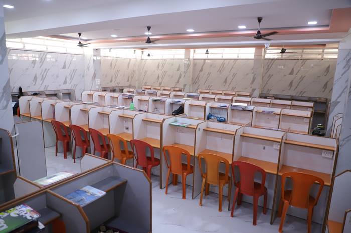 The abhyasika reading room with individual study cubicles
